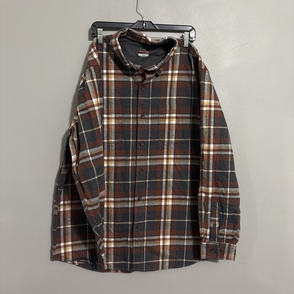 Ridgecut‎ Toughwear Long Sleeve Men's XLT Brown Heavy Plaid Flannel Button Shirt
